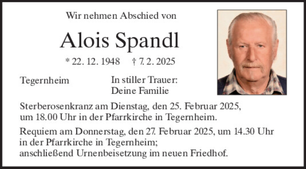  Traueranzeige für Alois Spandl vom 22.02.2025 aus Mittelbayerische Zeitung Regensburg