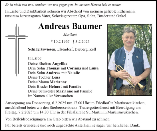 Traueranzeige von Andreas Baumer von Bayerwald Echo