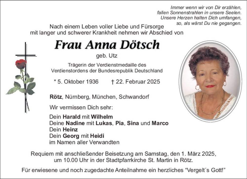  Traueranzeige für Anna Dötsch vom 26.02.2025 aus Bayerwald Echo