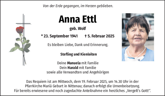 Traueranzeige von Anna Ettl von Mittelbayerische Zeitung Regensburg