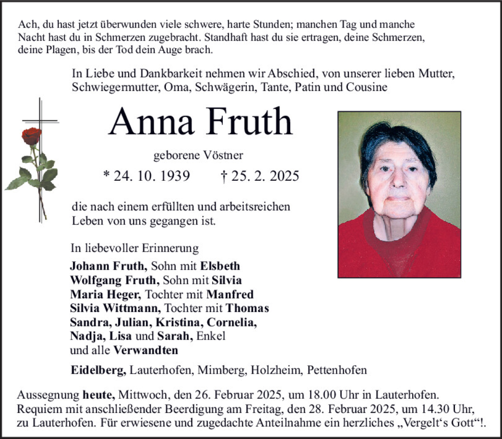  Traueranzeige für Anna Fruth vom 26.02.2025 aus Neumarkter Tagblatt