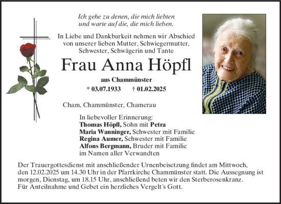 Traueranzeige von Anna Höpfl von Bayerwald Echo