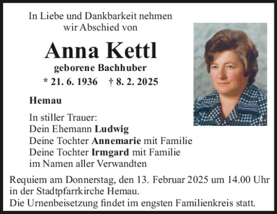 Traueranzeige von Anna Kettl von Mittelbayerische Zeitung Regensburg