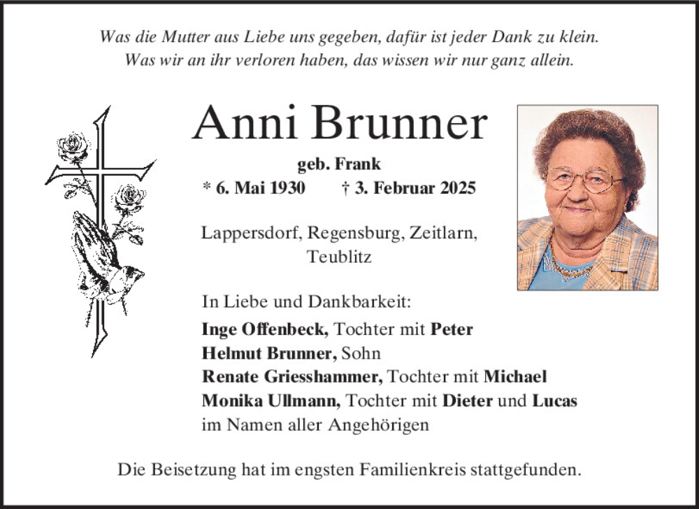  Traueranzeige für Anni Brunner vom 15.02.2025 aus Mittelbayerische Zeitung Regensburg