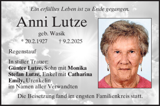 Traueranzeige von Anni Lutze von Mittelbayerische Zeitung Regensburg