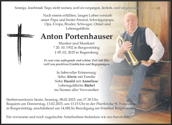 Traueranzeige von Anton Portenhauser von Mittelbayerische Zeitung Regensburg