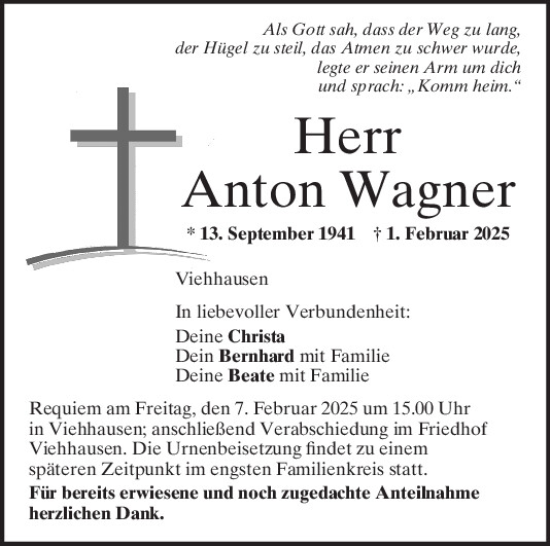Traueranzeige von Anton Wagner von Mittelbayerische Zeitung Regensburg