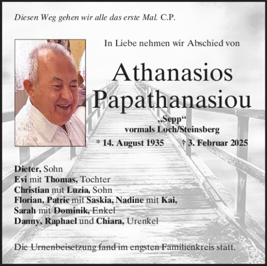 Traueranzeige von Athanasios Papathanasiou von Mittelbayerische Zeitung Regensburg