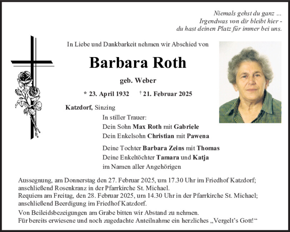  Traueranzeige für Barbara Roth vom 25.02.2025 aus Mittelbayerische Zeitung Schwandorf