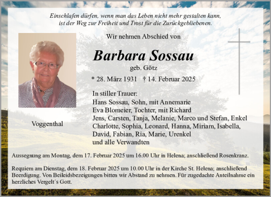 Traueranzeige von Barbara Sossau von Neumarkter Tagblatt