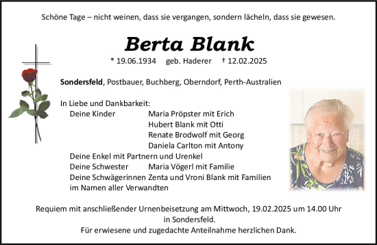 Traueranzeige von Berta Blank von Neumarkter Tagblatt