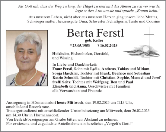 Traueranzeige von Berta Ferstl von Neumarkter Tagblatt