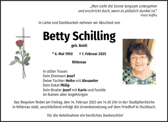 Traueranzeige von Betty Schilling von Mittelbayerische Zeitung Regensburg