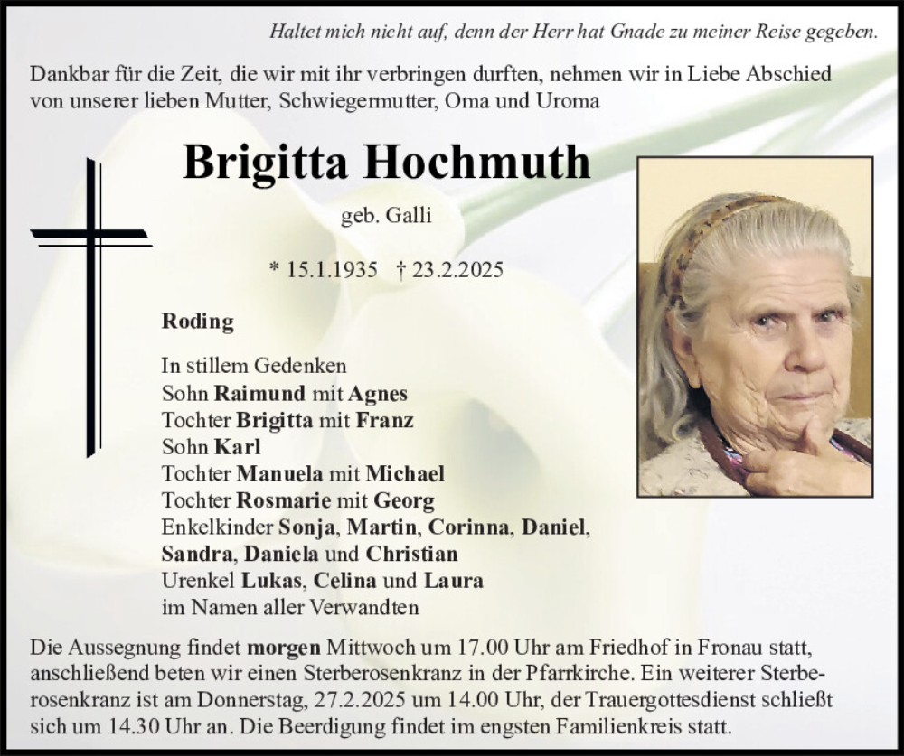  Traueranzeige für Brigitta Hochmuth vom 25.02.2025 aus Bayerwald Echo