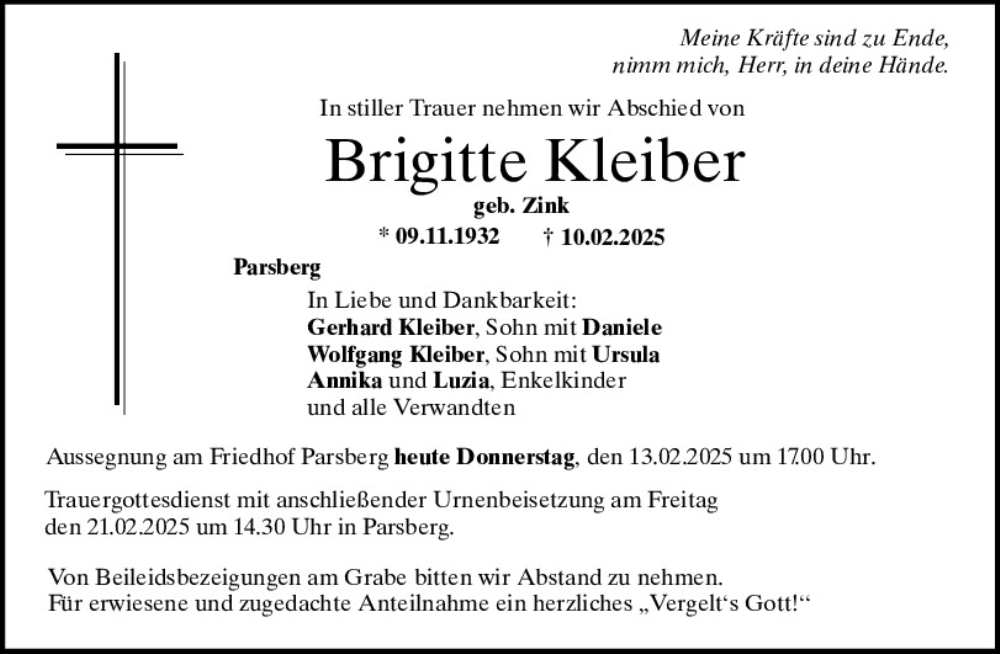  Traueranzeige für Brigitte Kleiber vom 13.02.2025 aus Neumarkter Tagblatt