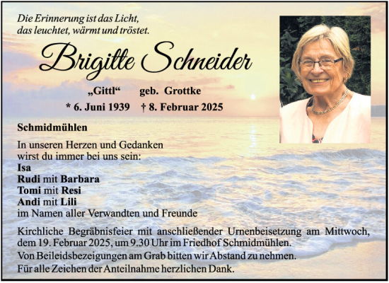 Traueranzeige von Brigitte Schneider von Mittelbayerische Zeitung Schwandorf