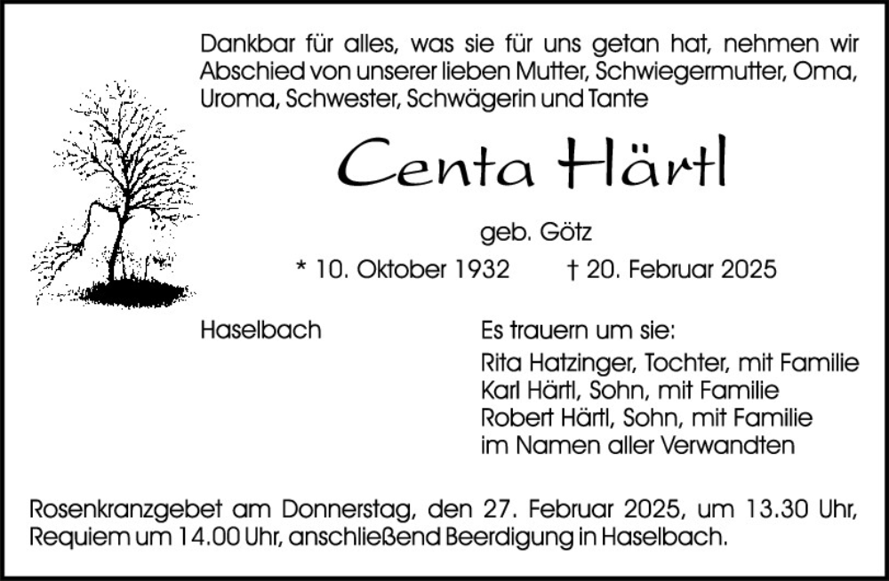  Traueranzeige für Centa Härtl vom 25.02.2025 aus Mittelbayerische Zeitung Schwandorf