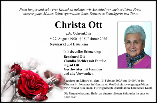Traueranzeige von Christa Ott von Neumarkter Tagblatt