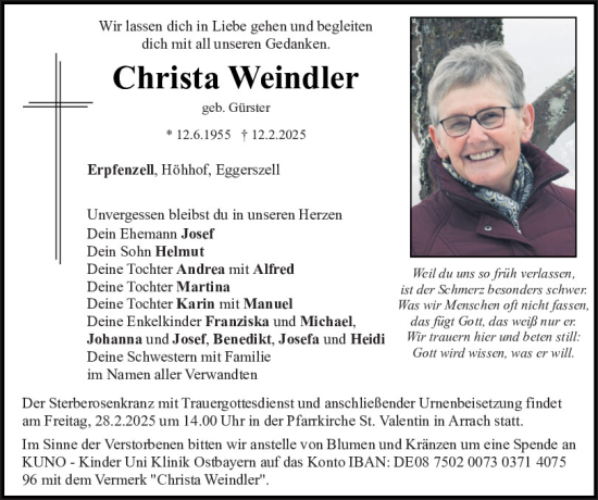 Traueranzeige von Christa Weindler von Bayerwald Echo