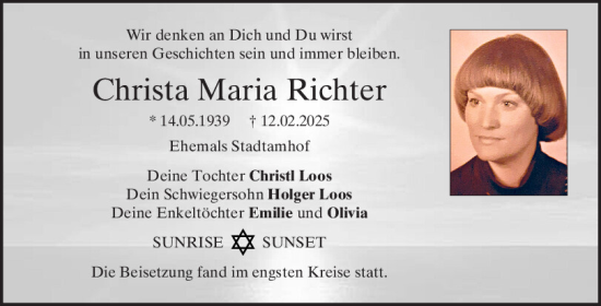 Traueranzeige von Christa Maria Richter von Mittelbayerische Zeitung Regensburg