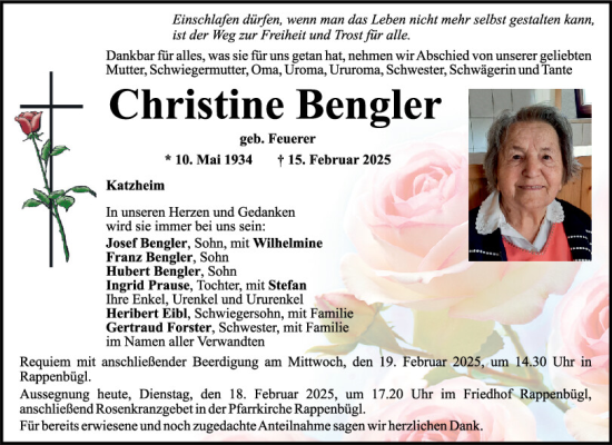 Traueranzeige von Christine Bengler von Mittelbayerische Zeitung Schwandorf