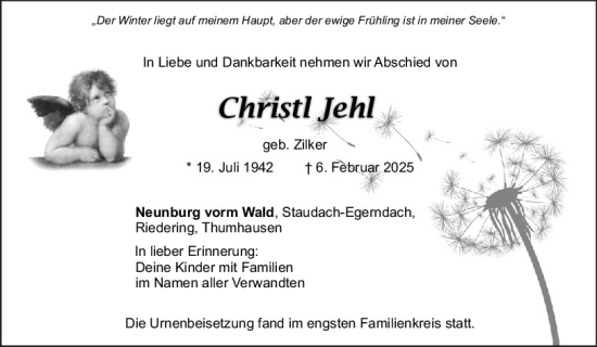 Traueranzeige von Christl Jehl von Mittelbayerische Zeitung Schwandorf