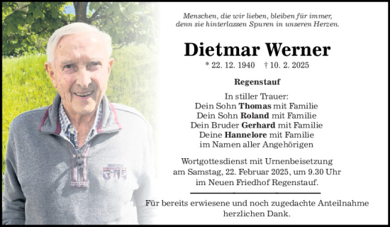Traueranzeige von Dietmar Werner von Mittelbayerische Zeitung Regensburg