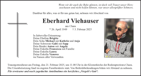 Traueranzeige von Eberhard Viehauser von Bayerwald Echo