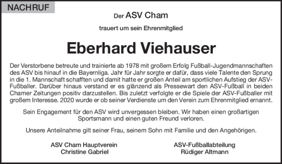 Traueranzeige von Eberhard Viehauser von Bayerwald Echo