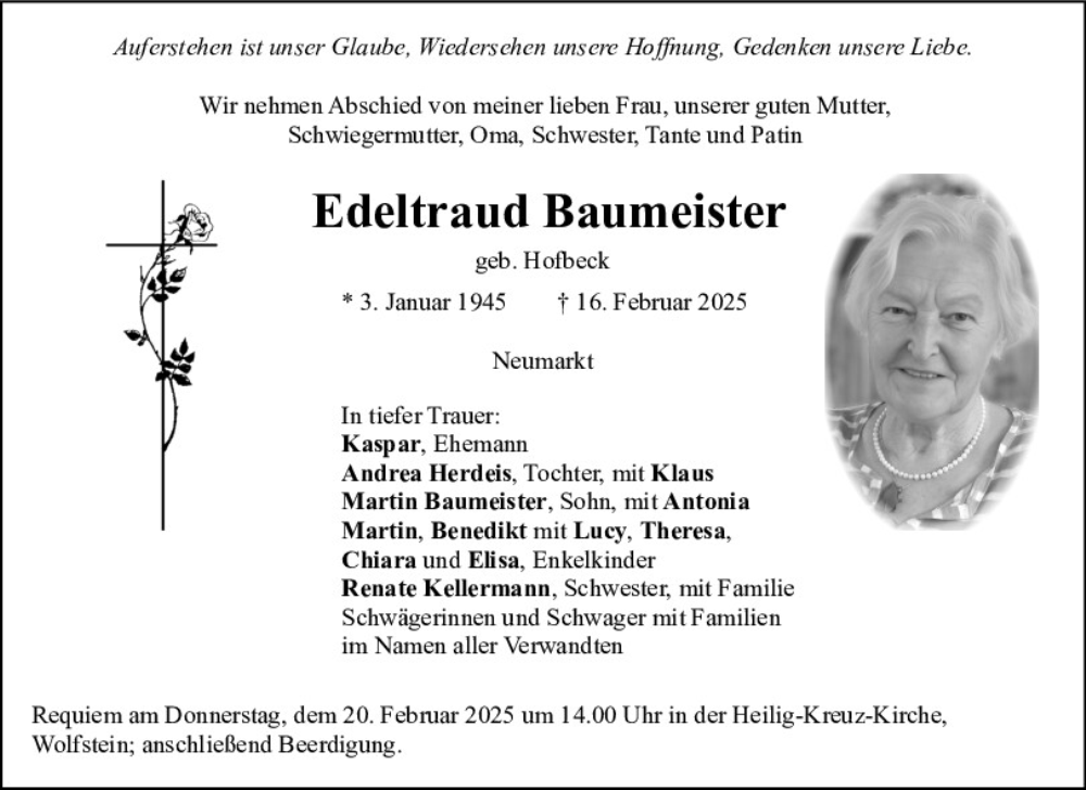  Traueranzeige für Edeltraud Baumeister vom 18.02.2025 aus Neumarkter Tagblatt