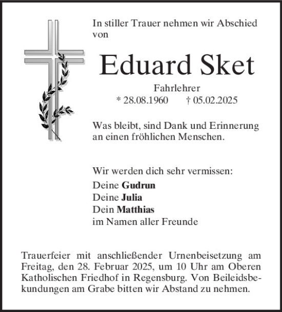 Traueranzeige von Eduard Sket von Mittelbayerische Zeitung Regensburg