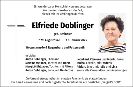 Traueranzeige von Elfriede Doblinger von Mittelbayerische Zeitung Regensburg