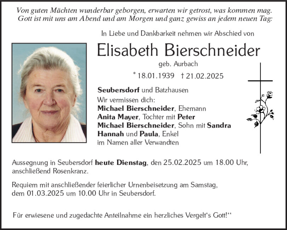  Traueranzeige für Elisabeth Bierschneider vom 25.02.2025 aus Neumarkter Tagblatt
