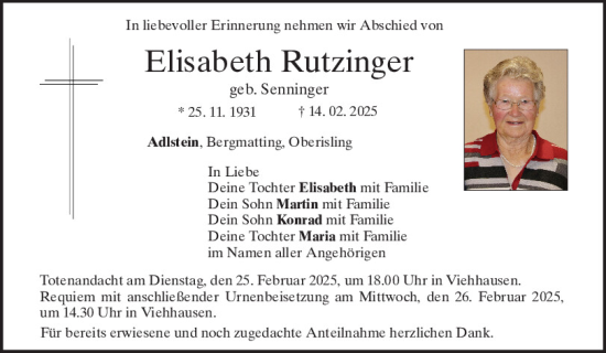 Traueranzeige von Elisabeth Rutzinger von Mittelbayerische Zeitung Regensburg