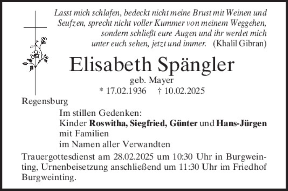  Traueranzeige für Elisabeth Spängler vom 22.02.2025 aus Mittelbayerische Zeitung Regensburg