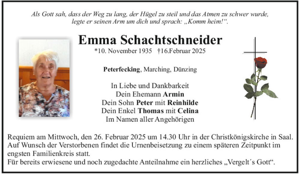  Traueranzeige für Emma Schachtschneider vom 22.02.2025 aus Mittelbayerische Zeitung Kelheim
