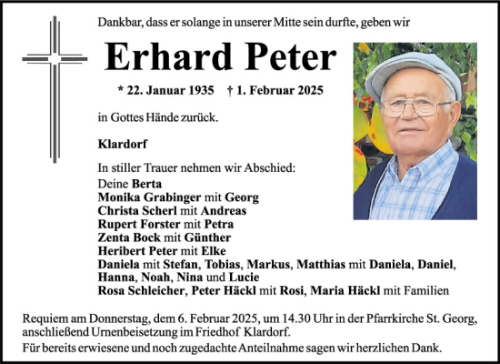 Traueranzeige von Erhard Peter von Mittelbayerische Zeitung Schwandorf