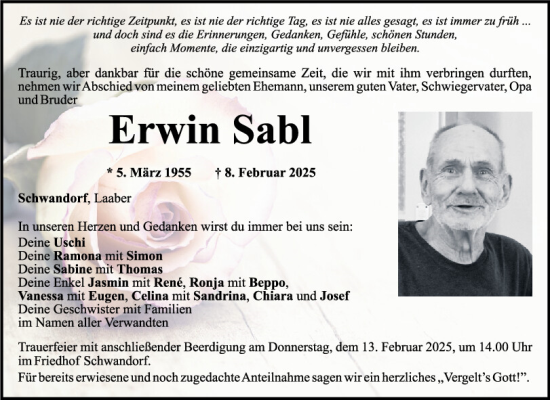Traueranzeige von Erwin Sabl von Mittelbayerische Zeitung Schwandorf