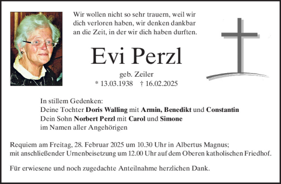 Traueranzeige von Evi Perzl von Mittelbayerische Zeitung Regensburg
