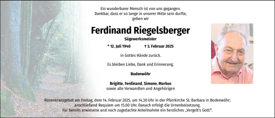 Traueranzeige von Ferdinand Riegelsberger von Mittelbayerische Zeitung Schwandorf