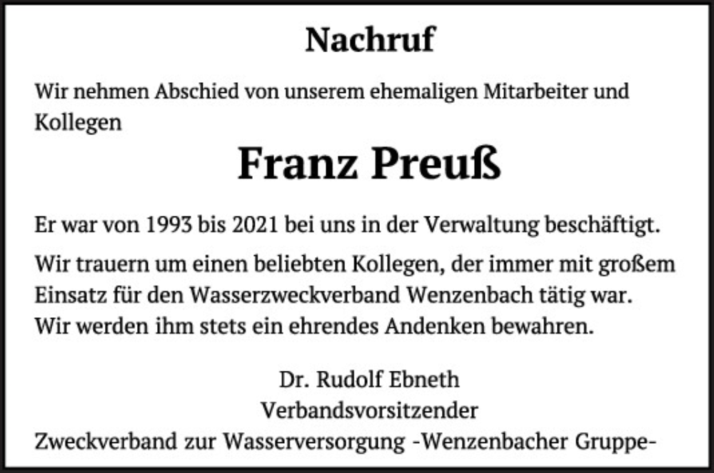  Traueranzeige für Franz Preuß vom 19.02.2025 aus Mittelbayerische Zeitung Regensburg