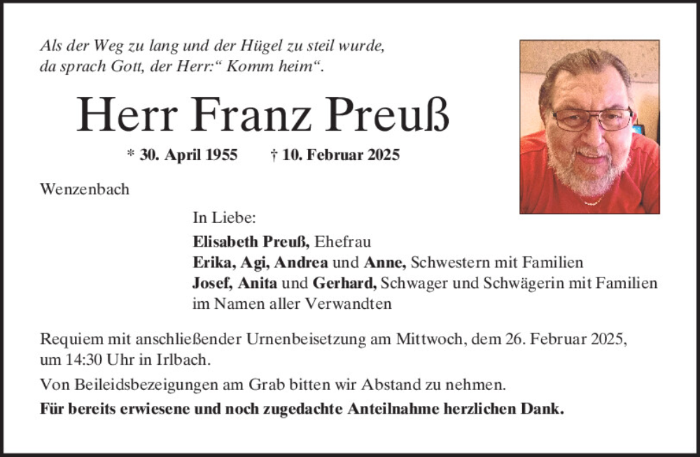  Traueranzeige für Franz Preuß vom 15.02.2025 aus Mittelbayerische Zeitung Regensburg