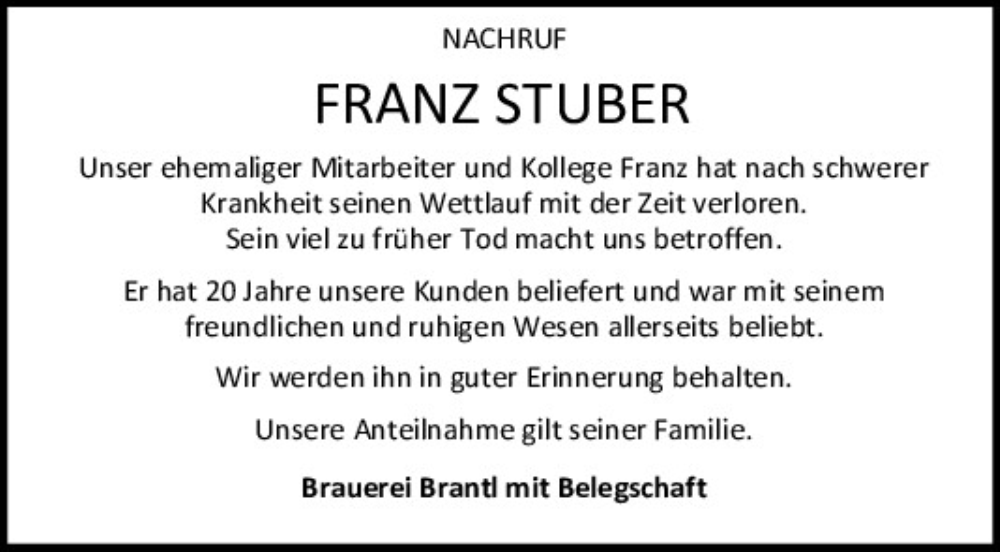  Traueranzeige für Franz Stuber vom 14.02.2025 aus Bayerwald Echo