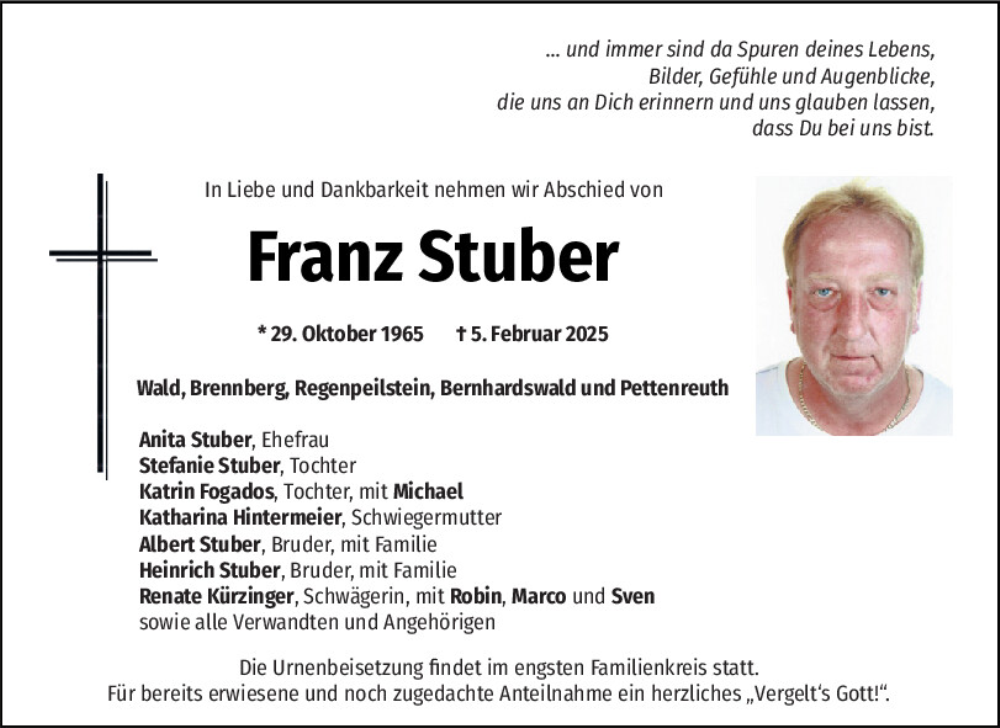  Traueranzeige für Franz Stuber vom 08.02.2025 aus Bayerwald Echo