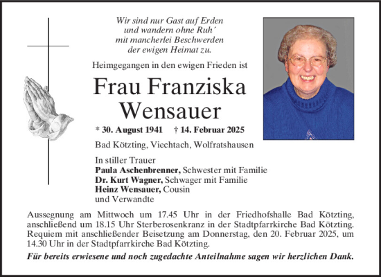 Traueranzeige von Franziska Wensauer von Bayerwald Echo