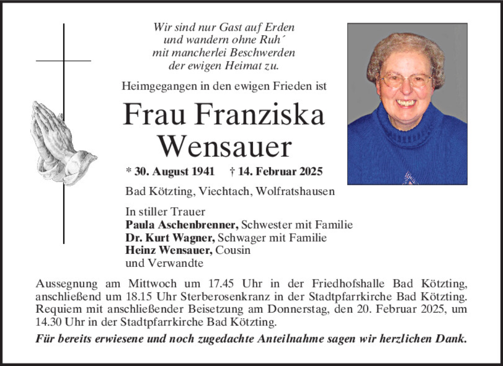  Traueranzeige für Franziska Wensauer vom 18.02.2025 aus Bayerwald Echo