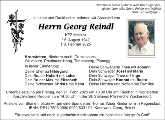 Traueranzeige von Georg Reindl von Mittelbayerische Zeitung Schwandorf