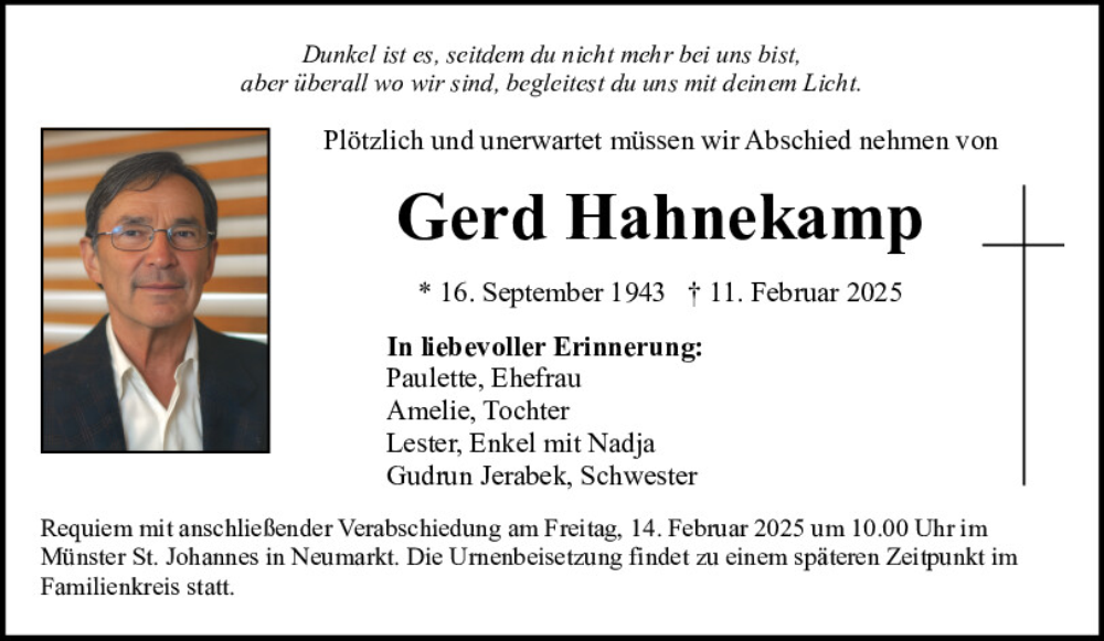  Traueranzeige für Gerd Hahnekamp vom 13.02.2025 aus Neumarkter Tagblatt