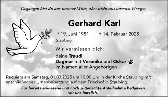 Traueranzeige von Gerhard Karl von Mittelbayerische Zeitung Kelheim