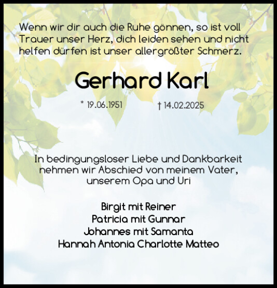 Traueranzeige von Gerhard Karl von Mittelbayerische Zeitung Kelheim